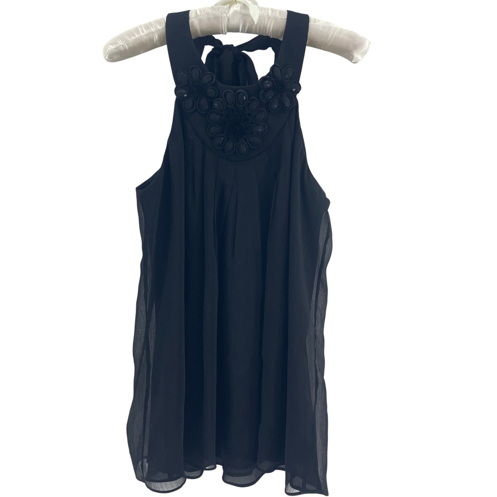 Y2K ICE‎ Sheer Chiffon Embellished Tank Top M Black Beaded Halter Boho Party Top